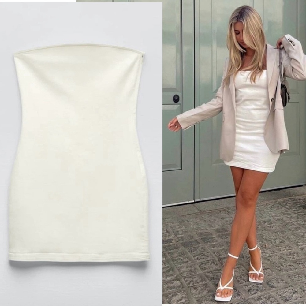 Zara Ivory white stretchy denim jean strapless Bandeau mini bodycon dress M NWT